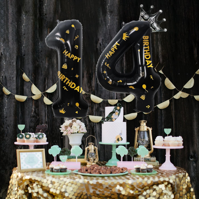 Balon din Folie Metalizata Flippy, Figurina Cifra si Coroana, Scris Happy Birthday, Tema Aniversare 100 cm, Ambalaj Individual, Pai inclus, Umflare cu Aer sau Heliu, Negru, Cifra 4 [4]