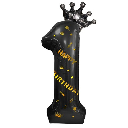 Balon din Folie Metalizata Flippy, Figurina Cifra si Coroana, Scris Happy Birthday, Tema Aniversare 100 cm, Ambalaj Individual, Pai inclus, Umflare cu Aer sau Heliu, Negru, Cifra 1 [7]