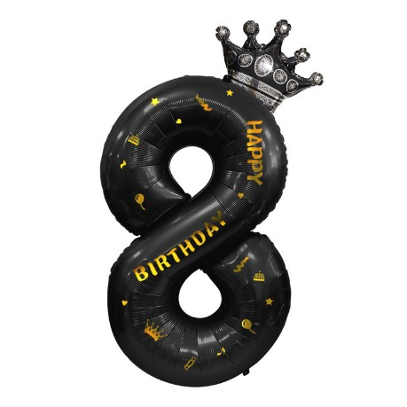 Balon din Folie Metalizata Flippy, Figurina Cifra si Coroana, Scris Happy Birthday, Tema Aniversare 100 cm, Ambalaj Individual, Pai inclus, Umflare cu Aer sau Heliu, Negru, Cifra 8 [6]