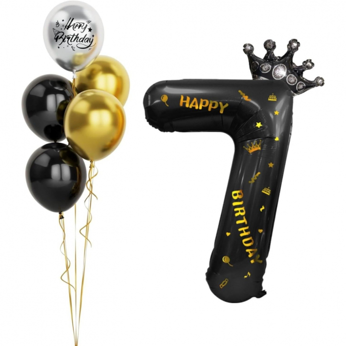 Balon din Folie Metalizata Flippy, Figurina Cifra si Coroana, Scris Happy Birthday, Tema Aniversare 100 cm, Ambalaj Individual, Pai inclus, Umflare cu Aer sau Heliu, Negru, Cifra 7 [3]