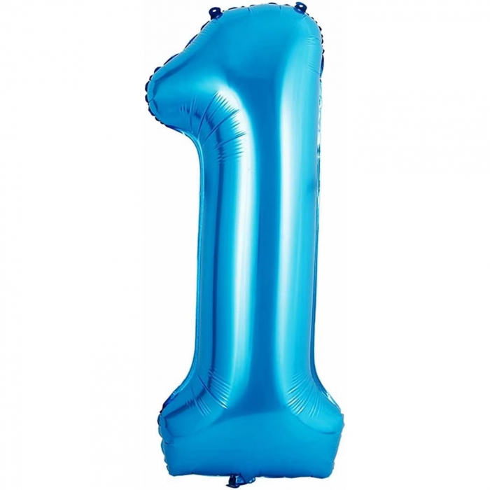 Balon din Folie Metalizata Flippy, Figurina Cifra si Coroana, Tema Aniversare 100 cm, Ambalaj Individual, Pai inclus, Umflare cu Aer sau Heliu, Albastru, Cifra 1 [2]