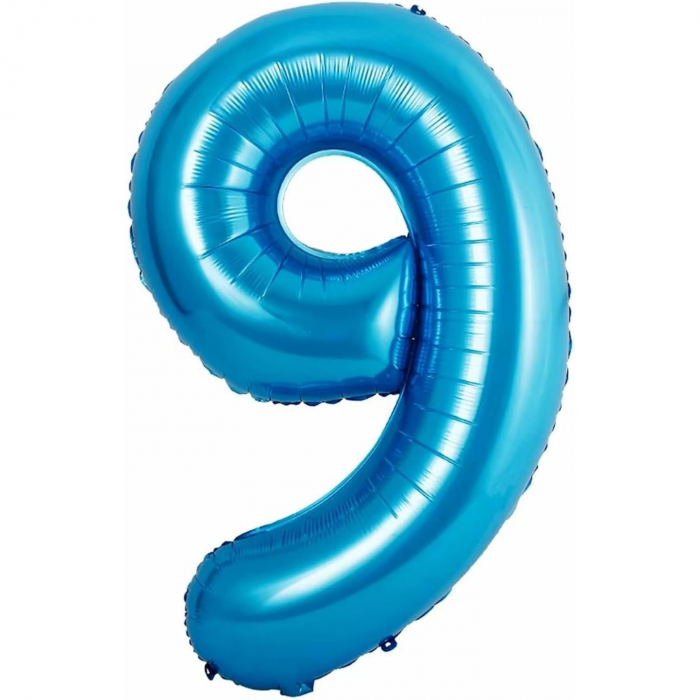Balon din Folie Metalizata Flippy, Figurina Cifra si Coroana, Tema Aniversare 100 cm, Ambalaj Individual, Pai inclus, Umflare cu Aer sau Heliu, Albastru, Cifra 9 [2]