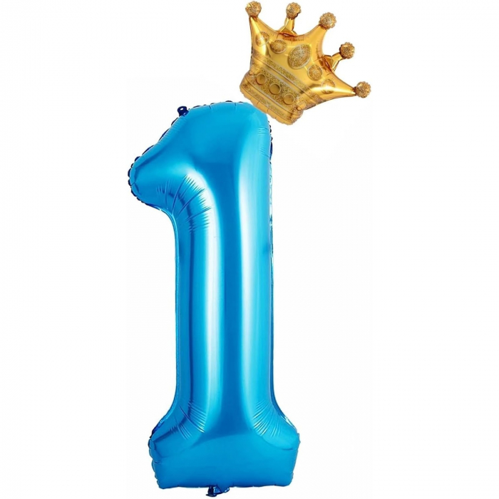 Balon din Folie Metalizata Flippy, Figurina Cifra si Coroana, Tema Aniversare 100 cm, Ambalaj Individual, Pai inclus, Umflare cu Aer sau Heliu, Albastru, Cifra 1 [3]