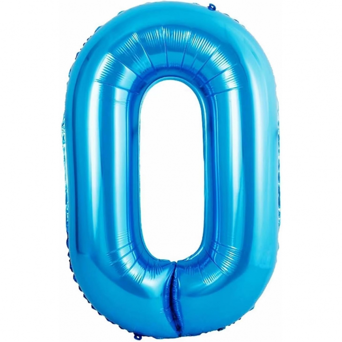 Balon din Folie Metalizata Flippy, Figurina Cifra si Coroana, Tema Aniversare 100 cm, Ambalaj Individual, Pai inclus, Umflare cu Aer sau Heliu, Albastru, Cifra 0 [2]
