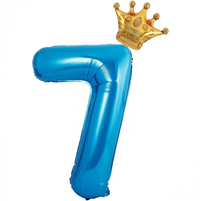 Balon din Folie Metalizata Flippy, Figurina Cifra si Coroana, Tema Aniversare 100 cm, Ambalaj Individual, Pai inclus, Umflare cu Aer sau Heliu, Albastru, Cifra 7 [1]