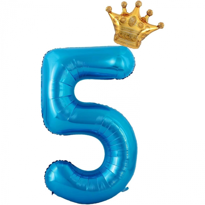 Balon din Folie Metalizata Flippy, Figurina Cifra si Coroana, Tema Aniversare 100 cm, Ambalaj Individual, Pai inclus, Umflare cu Aer sau Heliu, Albastru, Cifra 5 [3]