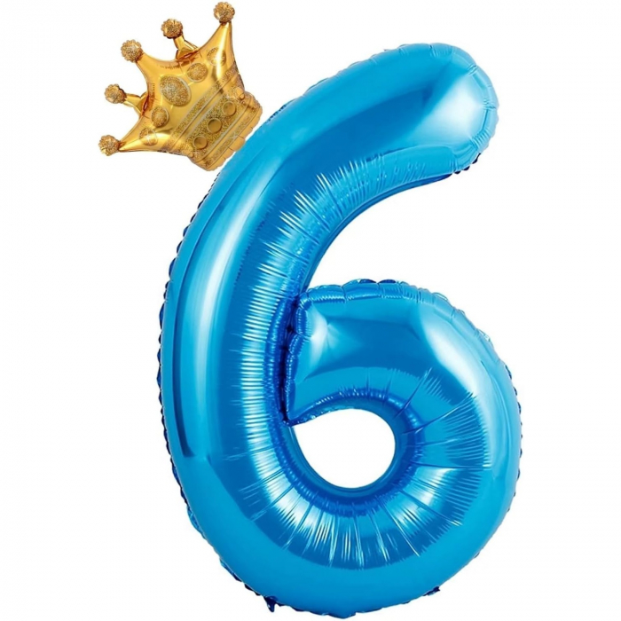 Balon din Folie Metalizata Flippy, Figurina Cifra si Coroana, Tema Aniversare 100 cm, Ambalaj Individual, Pai inclus, Umflare cu Aer sau Heliu, Albastru, Cifra 6 [3]