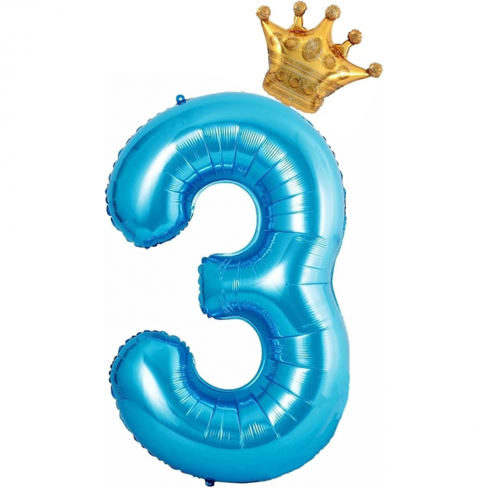 Balon din Folie Metalizata Flippy, Figurina Cifra si Coroana, Tema Aniversare 100 cm, Ambalaj Individual, Pai inclus, Umflare cu Aer sau Heliu, Albastru, Cifra 3 [3]