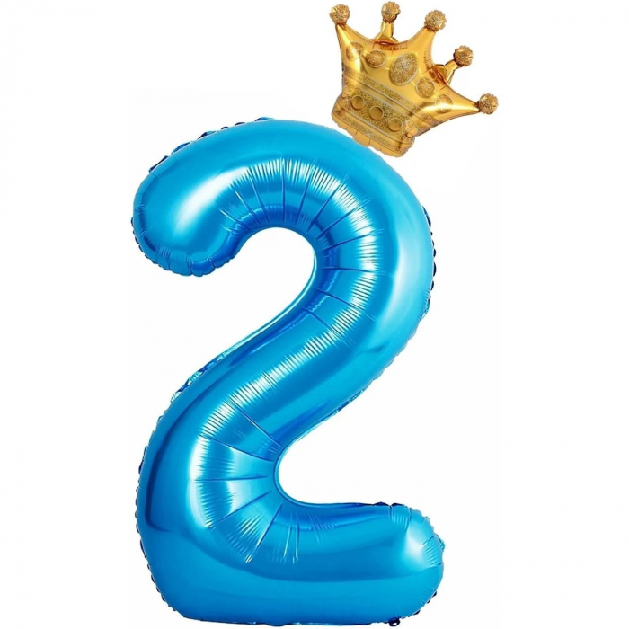 Balon din Folie Metalizata Flippy, Figurina Cifra si Coroana, Tema Aniversare 100 cm, Ambalaj Individual, Pai inclus, Umflare cu Aer sau Heliu, Albastru, Cifra 2 [1]