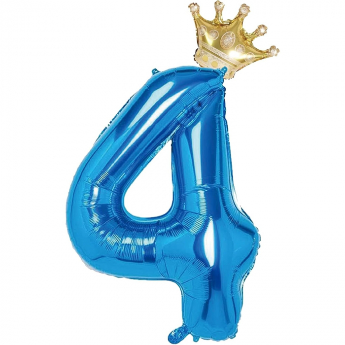 Balon din Folie Metalizata Flippy, Figurina Cifra si Coroana, Tema Aniversare 100 cm, Ambalaj Individual, Pai inclus, Umflare cu Aer sau Heliu, Albastru, Cifra 4 [4]
