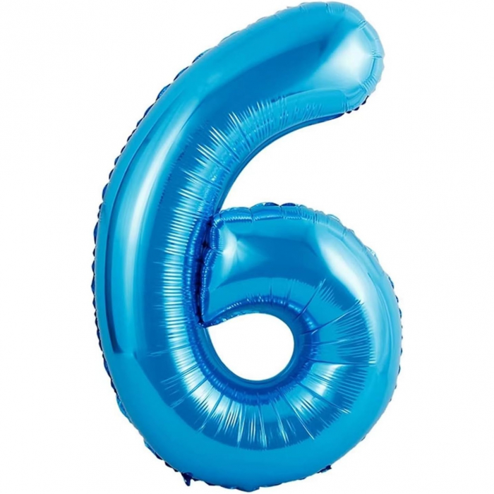 Balon din Folie Metalizata Flippy, Figurina Cifra si Coroana, Tema Aniversare 100 cm, Ambalaj Individual, Pai inclus, Umflare cu Aer sau Heliu, Albastru, Cifra 6 [2]