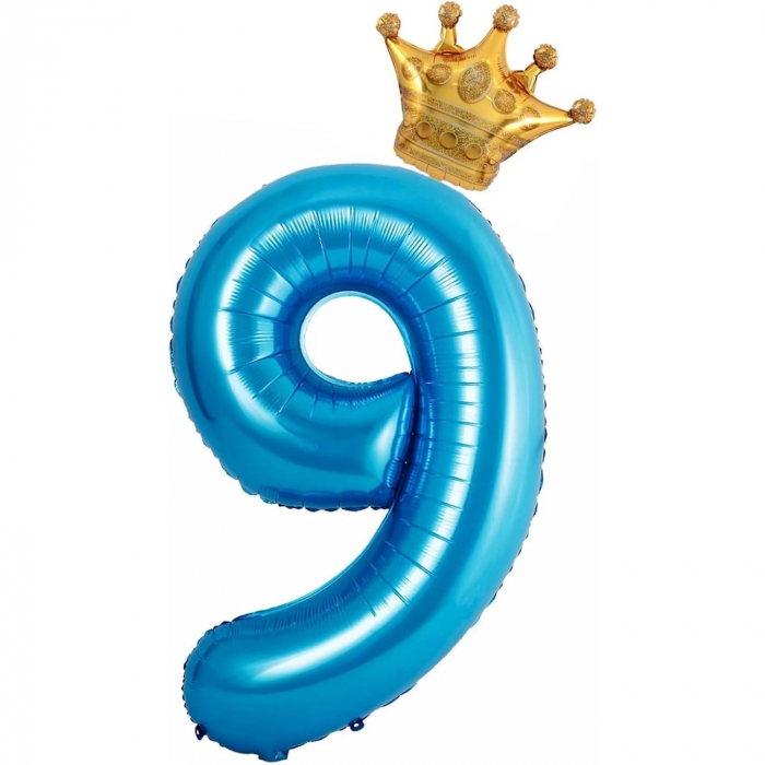 Balon din Folie Metalizata Flippy, Figurina Cifra si Coroana, Tema Aniversare 100 cm, Ambalaj Individual, Pai inclus, Umflare cu Aer sau Heliu, Albastru, Cifra 9 [3]
