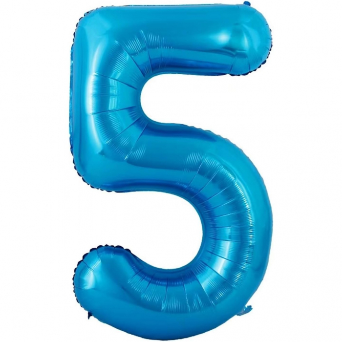 Balon din Folie Metalizata Flippy, Figurina Cifra si Coroana, Tema Aniversare 100 cm, Ambalaj Individual, Pai inclus, Umflare cu Aer sau Heliu, Albastru, Cifra 5 [2]