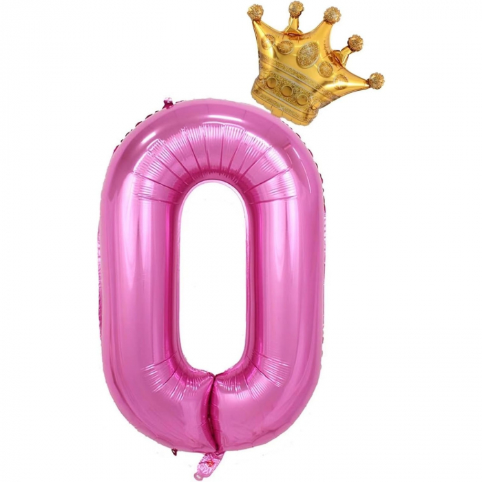 Balon din Folie Metalizata Flippy, Figurina Cifra si Coroana, Tema Aniversare 100 cm, Ambalaj Individual, Pai inclus, Umflare cu Aer sau Heliu, Roz, Cifra 0 [1]
