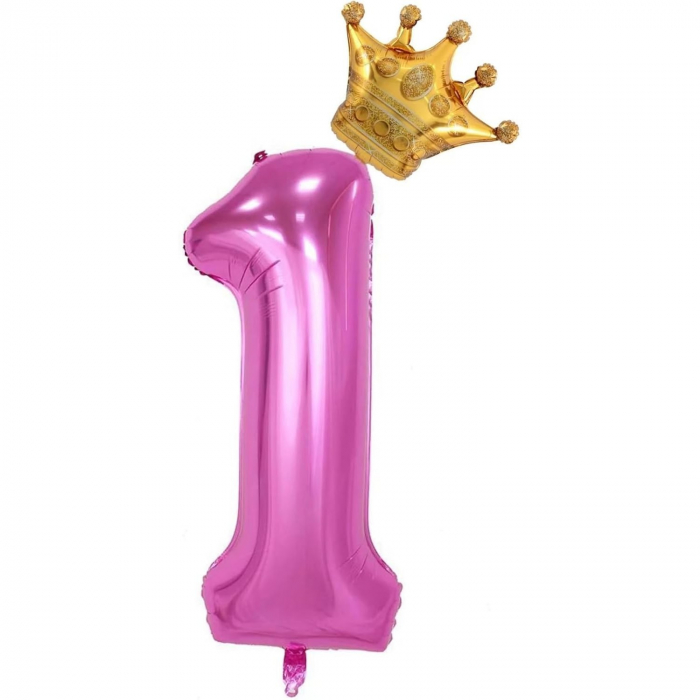 Balon din Folie Metalizata Flippy, Figurina Cifra si Coroana, Tema Aniversare 100 cm, Ambalaj Individual, Pai inclus, Umflare cu Aer sau Heliu, Roz, Cifra 1 [4]