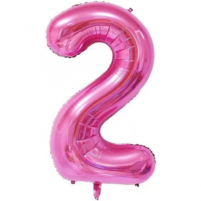 Balon din Folie Metalizata Flippy, Figurina Cifra si Coroana, Tema Aniversare 100 cm, Ambalaj Individual, Pai inclus, Umflare cu Aer sau Heliu, Roz, Cifra 2 [3]