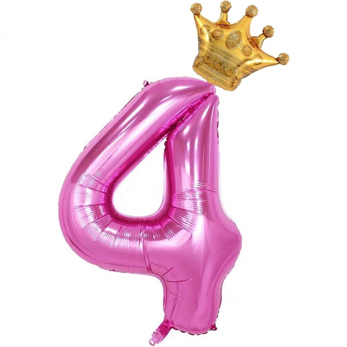 Balon din Folie Metalizata Flippy, Figurina Cifra si Coroana, Tema Aniversare 100 cm, Ambalaj Individual, Pai inclus, Umflare cu Aer sau Heliu, Roz, Cifra 4 [4]