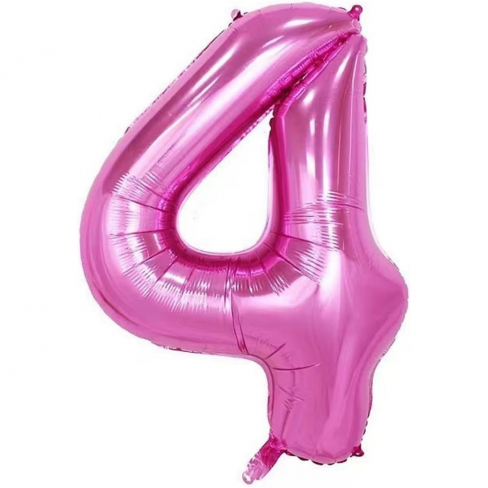 Balon din Folie Metalizata Flippy, Figurina Cifra si Coroana, Tema Aniversare 100 cm, Ambalaj Individual, Pai inclus, Umflare cu Aer sau Heliu, Roz, Cifra 4 [3]