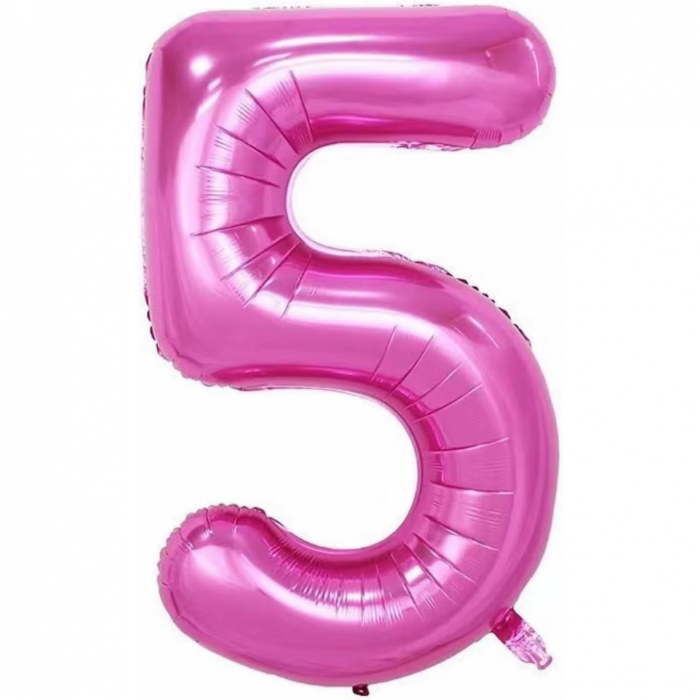 Balon din Folie Metalizata Flippy, Figurina Cifra si Coroana, Tema Aniversare 100 cm, Ambalaj Individual, Pai inclus, Umflare cu Aer sau Heliu, Roz, Cifra 5 [3]