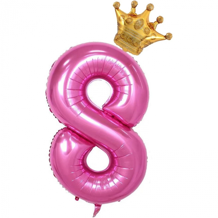 Balon din Folie Metalizata Flippy, Figurina Cifra si Coroana, Tema Aniversare 100 cm, Ambalaj Individual, Pai inclus, Umflare cu Aer sau Heliu, Roz, Cifra 8 [1]