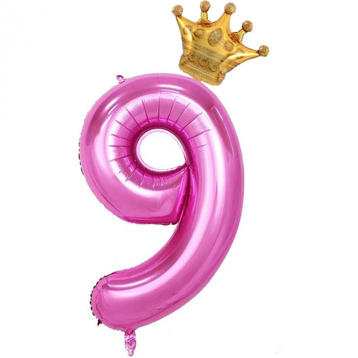Balon din Folie Metalizata Flippy, Figurina Cifra si Coroana, Tema Aniversare 100 cm, Ambalaj Individual, Pai inclus, Umflare cu Aer sau Heliu, Roz, Cifra 9 [4]
