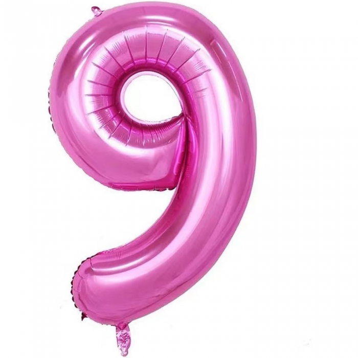 Balon din Folie Metalizata Flippy, Figurina Cifra si Coroana, Tema Aniversare 100 cm, Ambalaj Individual, Pai inclus, Umflare cu Aer sau Heliu, Roz, Cifra 9 [3]