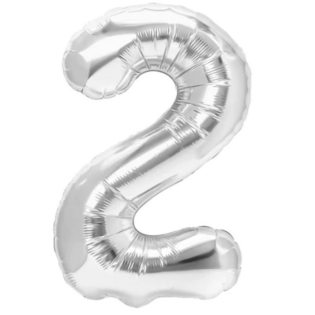 Balon din Folie Metalizata, Flippy, Figurina Cifra, Tema Aniversare 100 cm, Ambalaj Individual, Pai inclus, Umflare cu Aer sau Heliu, Argintiu, Cifra 2 [1]