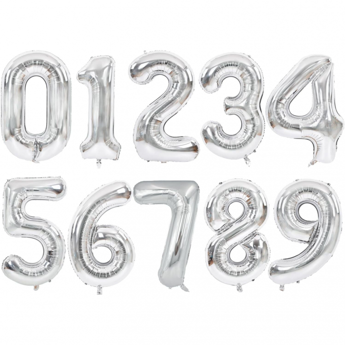 Balon din Folie Metalizata, Flippy, Figurina Cifra, Tema Aniversare 100 cm, Ambalaj Individual, Pai inclus, Umflare cu Aer sau Heliu, Argintiu, Cifra 2 [9]
