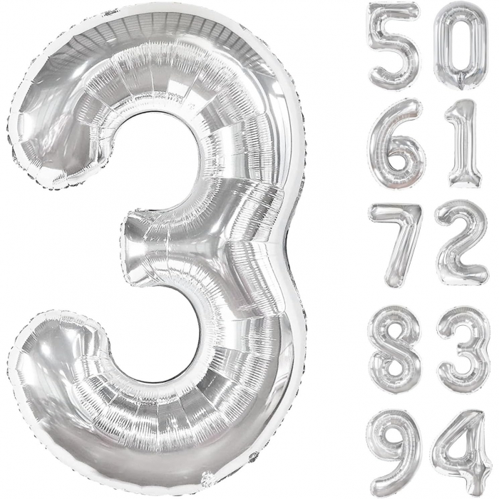 Balon din Folie Metalizata, Flippy, Figurina Cifra, Tema Aniversare 100 cm, Ambalaj Individual, Pai inclus, Umflare cu Aer sau Heliu, Argintiu, Cifra 3 [2]