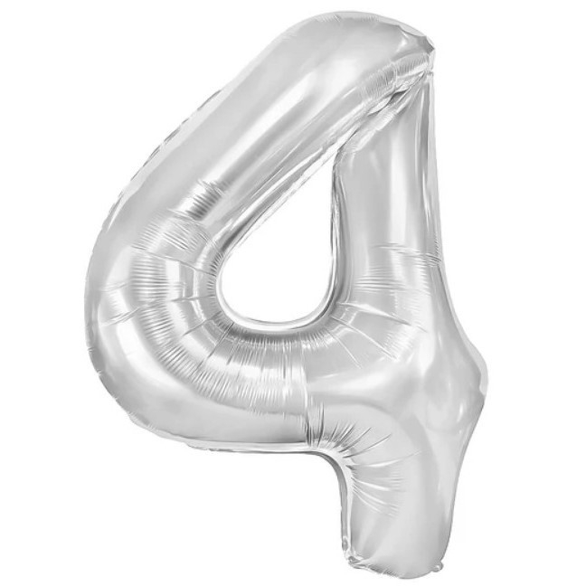 Balon din Folie Metalizata, Flippy, Figurina Cifra, Tema Aniversare 100 cm, Ambalaj Individual, Pai inclus, Umflare cu Aer sau Heliu, Argintiu, Cifra 4 [1]