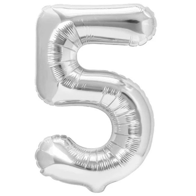 Balon din Folie Metalizata, Flippy, Figurina Cifra, Tema Aniversare 100 cm, Ambalaj Individual, Pai inclus, Umflare cu Aer sau Heliu, Argintiu, Cifra 5 [1]