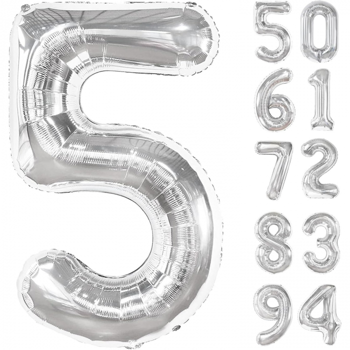 Balon din Folie Metalizata, Flippy, Figurina Cifra, Tema Aniversare 100 cm, Ambalaj Individual, Pai inclus, Umflare cu Aer sau Heliu, Argintiu, Cifra 5 [4]