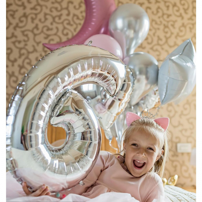 Balon din Folie Metalizata, Flippy, Figurina Cifra, Tema Aniversare 100 cm, Ambalaj Individual, Pai inclus, Umflare cu Aer sau Heliu, Argintiu, Cifra 6 [2]