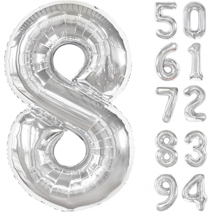 Balon din Folie Metalizata, Flippy, Figurina Cifra, Tema Aniversare 100 cm, Ambalaj Individual, Pai inclus, Umflare cu Aer sau Heliu, Argintiu, Cifra 8 [3]