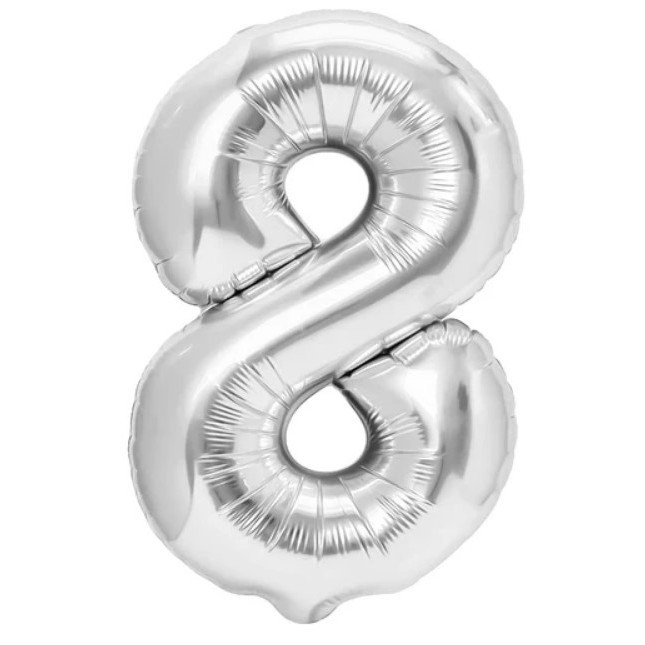 Balon din Folie Metalizata, Flippy, Figurina Cifra, Tema Aniversare 100 cm, Ambalaj Individual, Pai inclus, Umflare cu Aer sau Heliu, Argintiu, Cifra 8 [1]