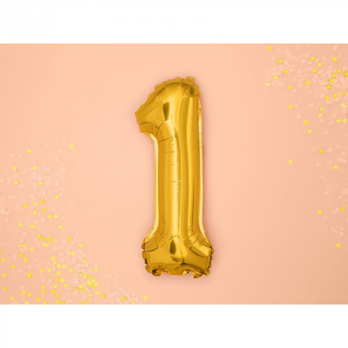 Balon din Folie Metalizata Flippy, Figurina Cifra, Tema Aniversare 100 cm, Ambalaj Individual, Pai inclus, Umflare cu Aer sau Heliu, Auriu, Cifra 1 [2]