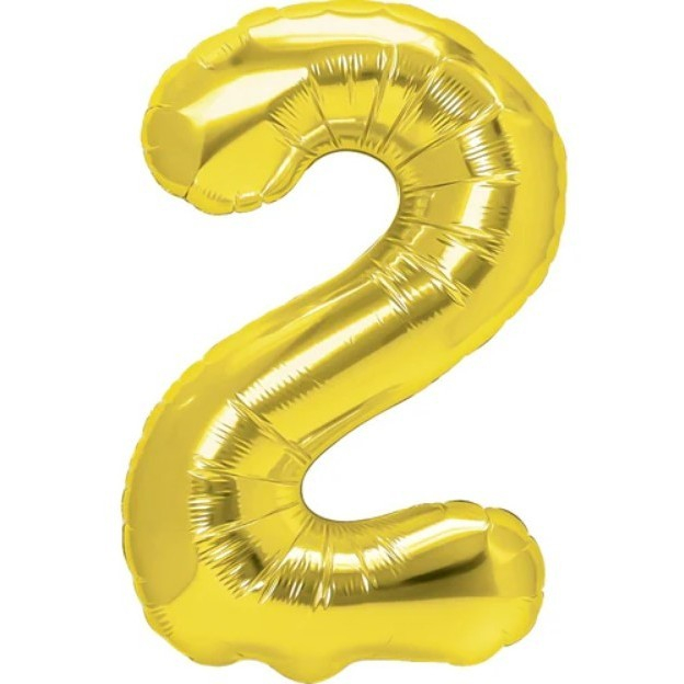 Balon din Folie Metalizata Flippy, Figurina Cifra, Tema Aniversare 100 cm, Ambalaj Individual, Pai inclus, Umflare cu Aer sau Heliu, Auriu, Cifra 2 [1]