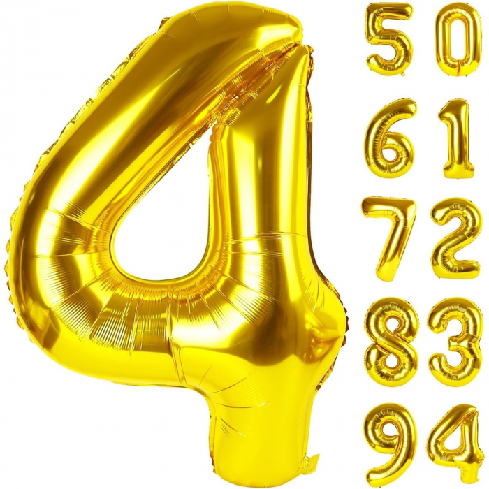 Balon din Folie Metalizata Flippy, Figurina Cifra, Tema Aniversare 100 cm, Ambalaj Individual, Pai inclus, Umflare cu Aer sau Heliu, Auriu, Cifra 4 [7]
