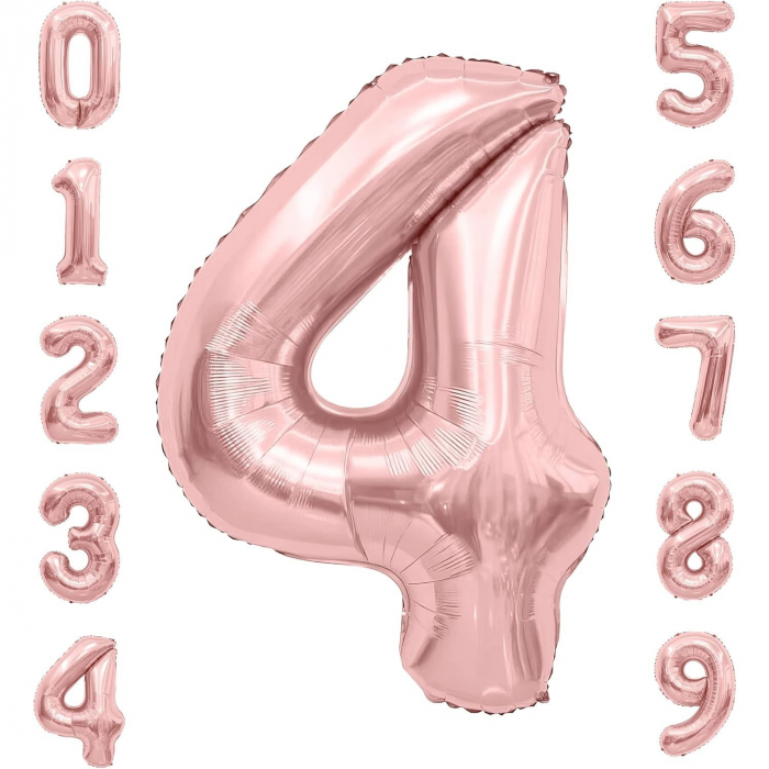 Balon din Folie Metalizata Flippy, Figurina Cifra, Tema Aniversare 100 cm, Ambalaj Individual, Pai inclus, Umflare cu Aer sau Heliu, Coral, Rose, Cifra 4 [4]