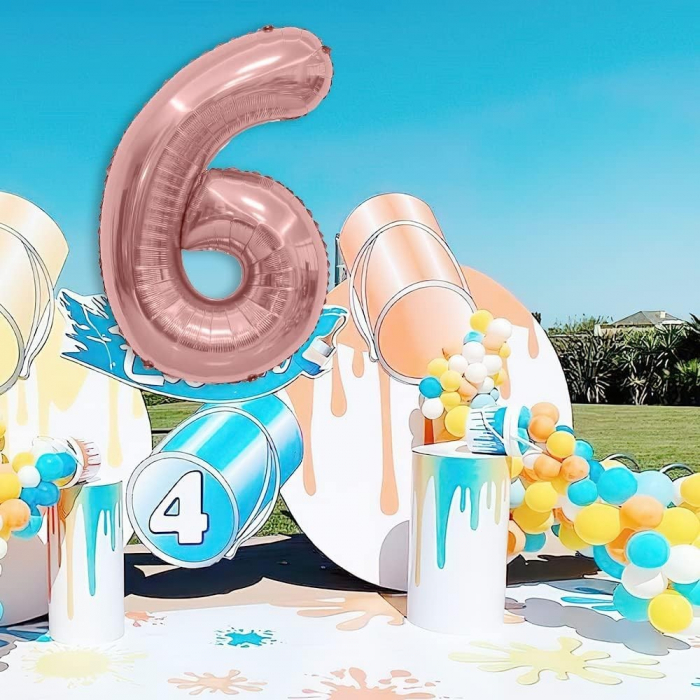 Balon din Folie Metalizata Flippy, Figurina Cifra, Tema Aniversare 100 cm, Ambalaj Individual, Pai inclus, Umflare cu Aer sau Heliu, Coral, Rose, Cifra 6 [3]