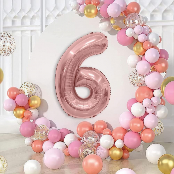 Balon din Folie Metalizata Flippy, Figurina Cifra, Tema Aniversare 100 cm, Ambalaj Individual, Pai inclus, Umflare cu Aer sau Heliu, Coral, Rose, Cifra 6 [2]