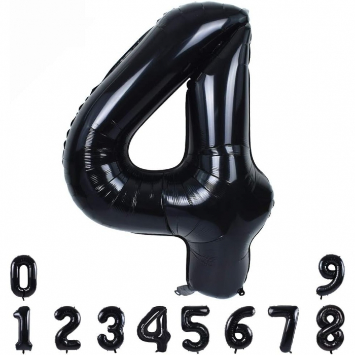 Balon din Folie Metalizata, Flippy, Figurina Cifra, Tema Aniversare 100 cm, Ambalaj Individual, Pai inclus, Umflare cu Aer sau Heliu, Negru, Cifra 4 [3]