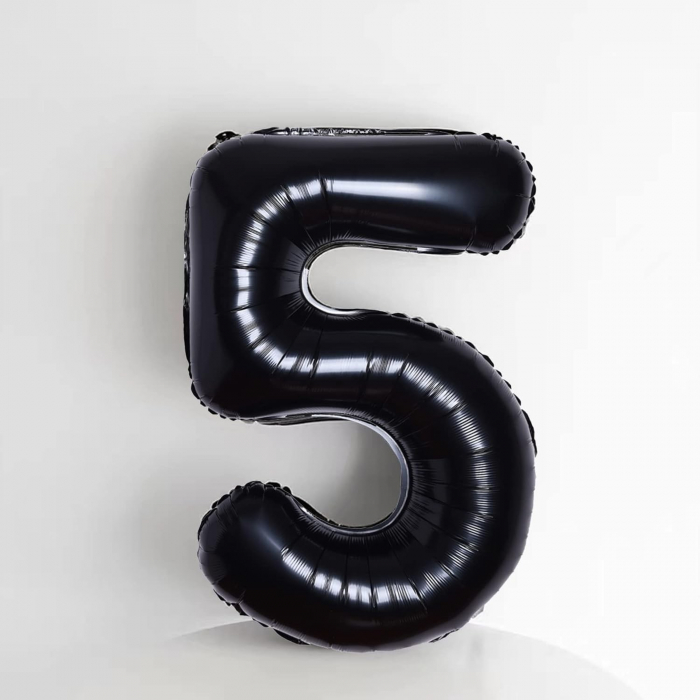 Balon din Folie Metalizata, Flippy, Figurina Cifra, Tema Aniversare 100 cm, Ambalaj Individual, Pai inclus, Umflare cu Aer sau Heliu, Negru, Cifra 5 [4]