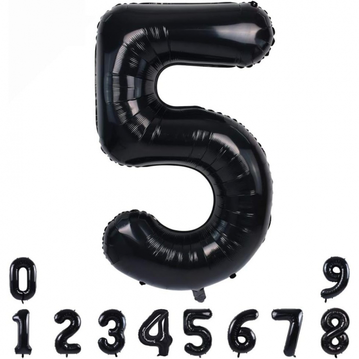 Balon din Folie Metalizata, Flippy, Figurina Cifra, Tema Aniversare 100 cm, Ambalaj Individual, Pai inclus, Umflare cu Aer sau Heliu, Negru, Cifra 5 [2]