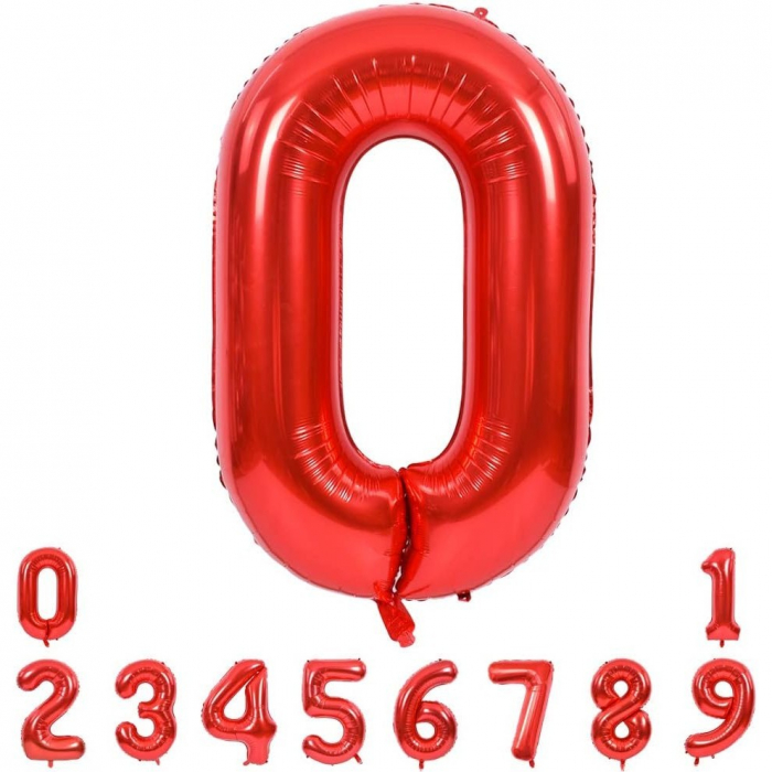 Balon din Folie Metalizata Flippy, Figurina Cifra, Tema Aniversare 100 cm, Ambalaj Individual, Pai inclus, Umflare cu Aer sau Heliu, Rosu, Cifra 0 [3]