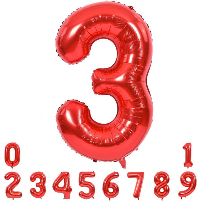 Balon din Folie Metalizata Flippy, Figurina Cifra, Tema Aniversare 100 cm, Ambalaj Individual, Pai inclus, Umflare cu Aer sau Heliu, Rosu, Cifra 3 [3]