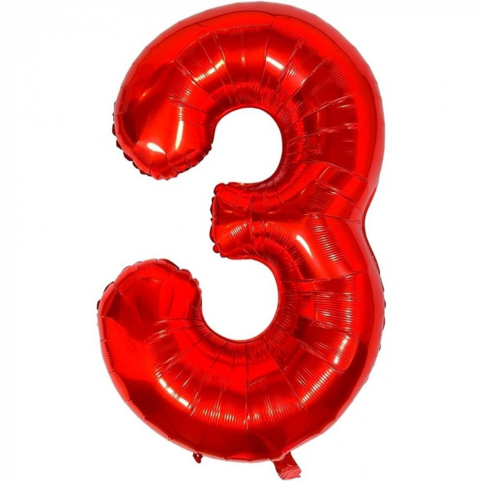 Balon din Folie Metalizata Flippy, Figurina Cifra, Tema Aniversare 100 cm, Ambalaj Individual, Pai inclus, Umflare cu Aer sau Heliu, Rosu, Cifra 3 [1]