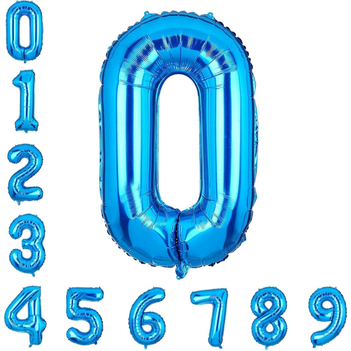 Balon din Folie Metalizata, Flippy, Figurina Cifra, Tema Aniversare 40 cm, Ambalaj Individual, Pai inclus, Umflare cu Aer sau Heliu, Albastru, Cifra 0 [6]