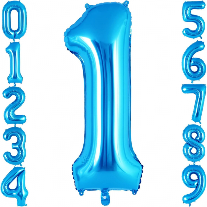 Balon din Folie Metalizata Flippy, Figurina Cifra, Tema Aniversare 40 cm, Ambalaj Individual, Pai inclus, Umflare cu Aer sau Heliu, Albastru, Cifra 1 [6]