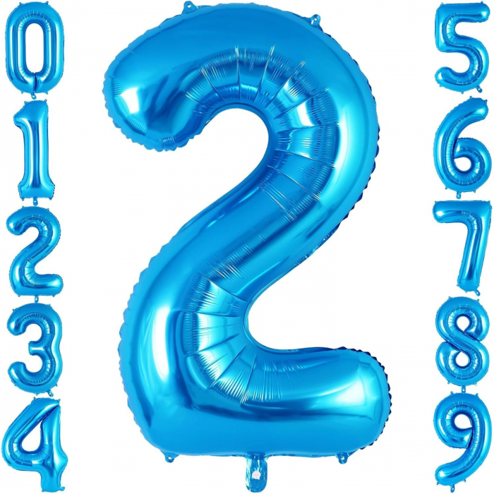 Balon din Folie Metalizata Flippy, Figurina Cifra, Tema Aniversare 40 cm, Ambalaj Individual, Pai inclus, Umflare cu Aer sau Heliu, Albastru, Cifra 2 [6]